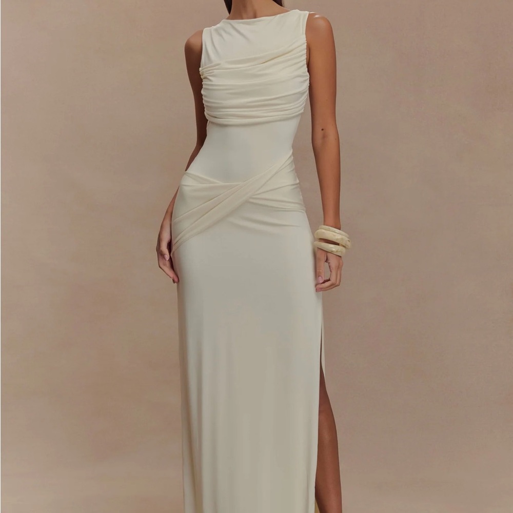 Meshki Cream Ruched Maxi Dress